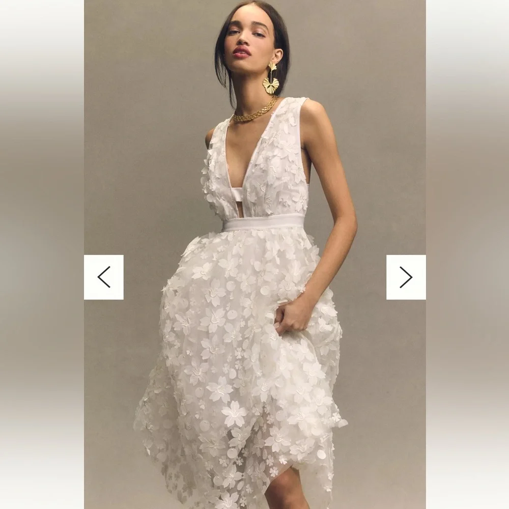 Anthropologie BHLDN Stevie V-Neck Floral Appliqué A-Line Midi Dress in Ivory - Picture 4 of 7